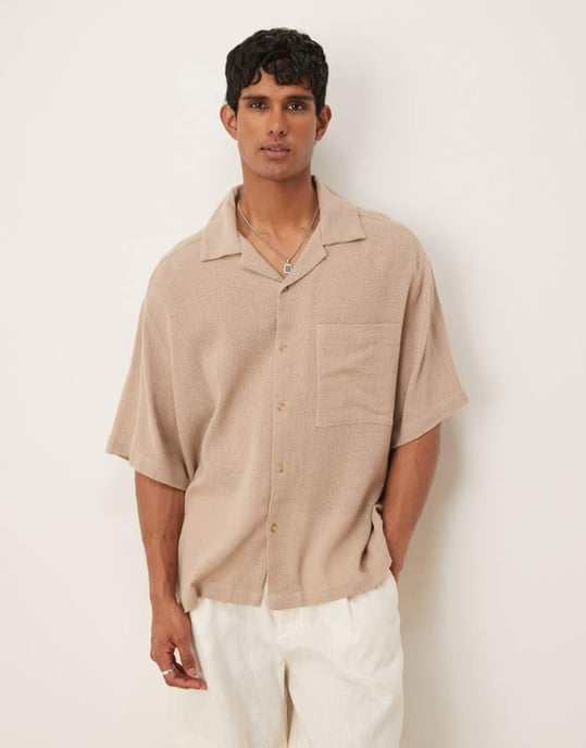ASOS DESIGN boxy textured revere regular shirt in beige - Image 1