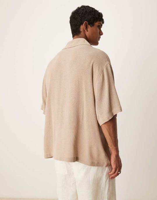 ASOS DESIGN boxy textured revere regular shirt in beige - Image 3