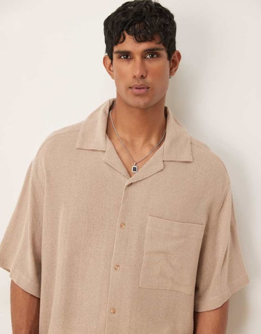 ASOS DESIGN boxy textured revere regular shirt in beige - Image 4