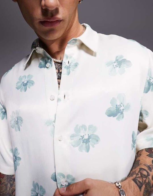 ASOS DESIGN relaxed shirt with floral print in neutral - Image 2