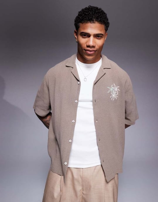 ASOS DESIGN boxy revere shirt with chest embroidery in green - Image 1