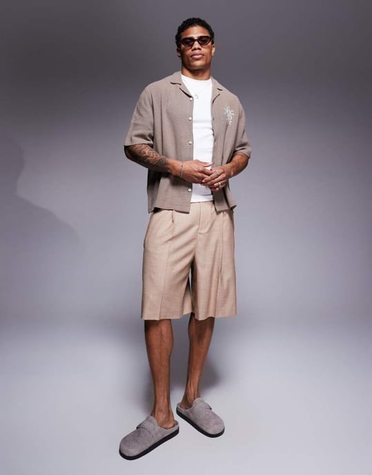 ASOS DESIGN boxy revere shirt with chest embroidery in green - Image 4