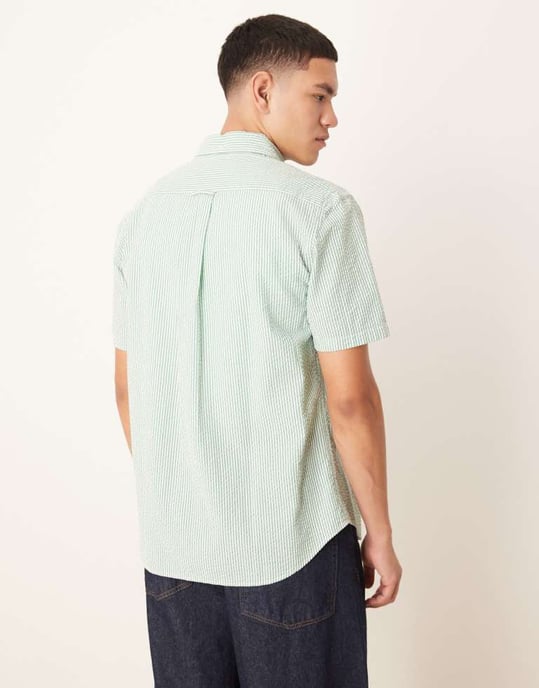 GANT sheild logo short sleeve seersucker stripe shirt in mid green - Image 3