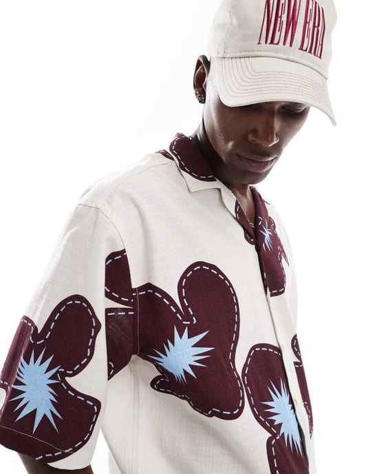 ASOS DESIGN oversized skjorta med halvärm i krämfärgad blommönster - Image 2