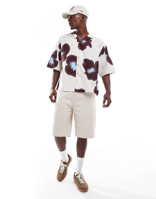 ASOS DESIGN oversized skjorta med halvärm i krämfärgad blommönster - Image 3