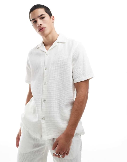 ONLY & SONS relaxed fit waffle shirt co-ord in ecru - Image 1