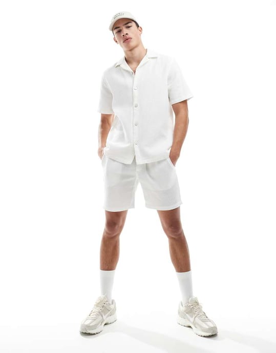 ONLY & SONS relaxed fit waffle shirt co-ord in ecru - Image 2