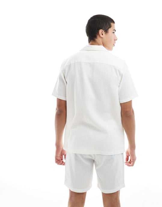 ONLY & SONS relaxed fit waffle shirt co-ord in ecru - Image 3