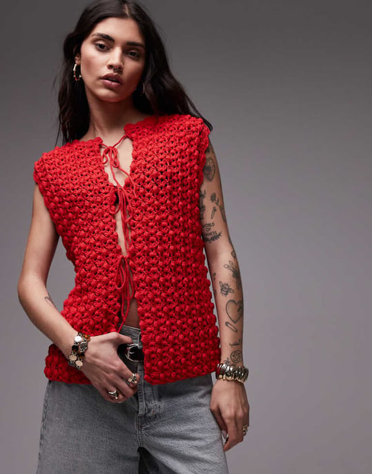 Topshop knitted premium hand knit tie waistcoat in red - Image 1