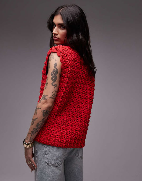 Topshop knitted premium hand knit tie waistcoat in red - Image 2