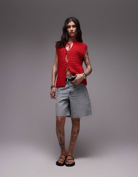 Topshop knitted premium hand knit tie waistcoat in red - Image 4