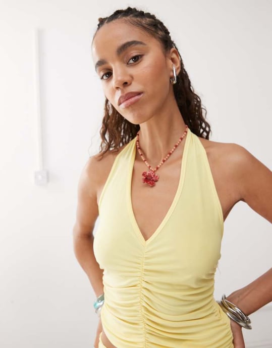 Reclaimed Vintage halter neck top with gathered seams co-ord in butter yellow - Image 1