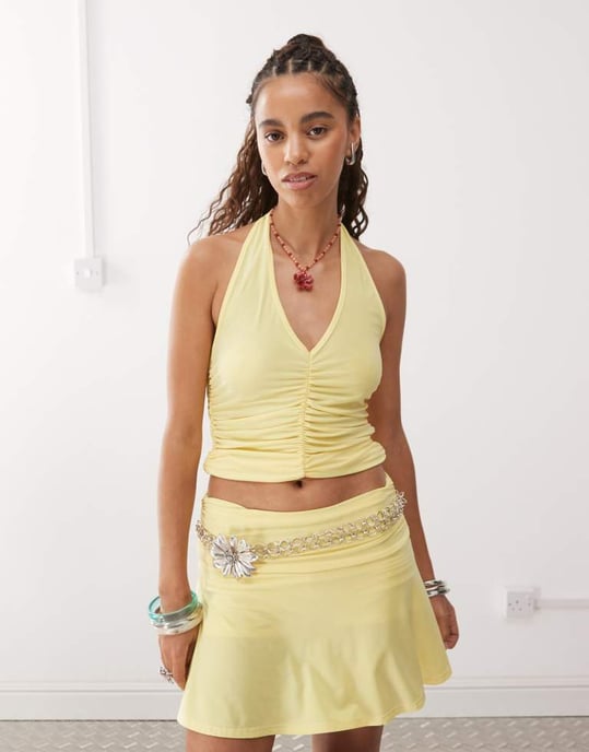 Reclaimed Vintage halter neck top with gathered seams co-ord in butter yellow - Image 2