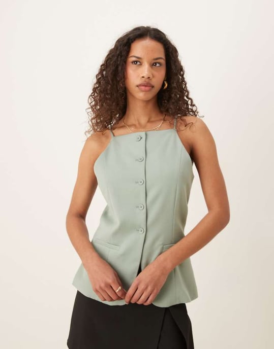 Abercrombie & Fitch square neck strappy detail longline top in green - Image 1