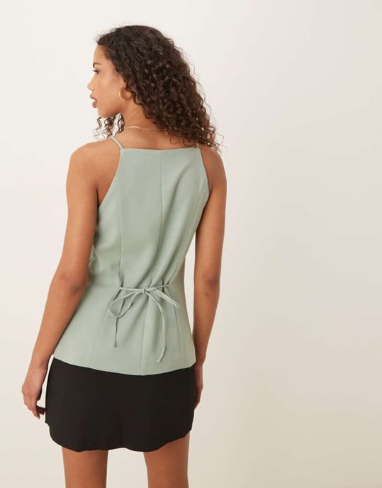 Abercrombie & Fitch square neck strappy detail longline top in green - Image 2