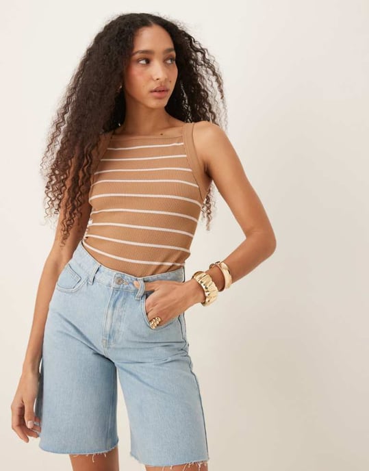 ASOS DESIGN seamless sculpting square neck top in camel stripe - Image 1