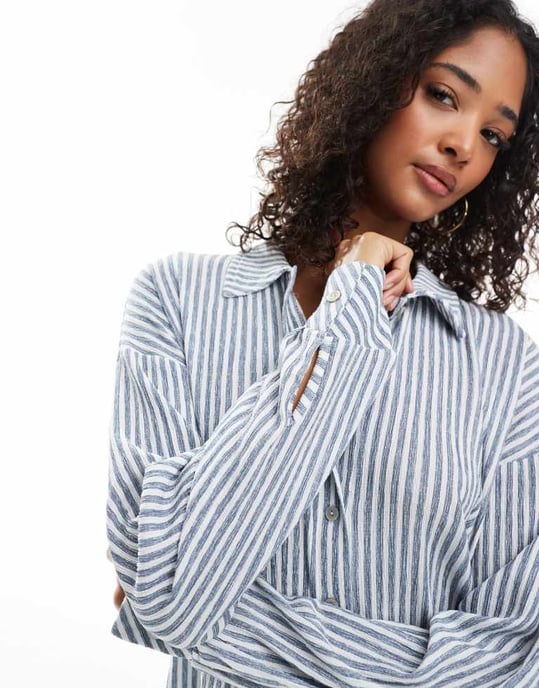 ONLY textured oversized shirt co-ord in blue stripes - Image 3