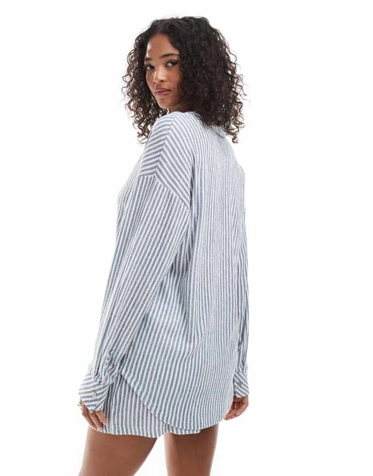 ONLY textured oversized shirt co-ord in blue stripes - Image 4