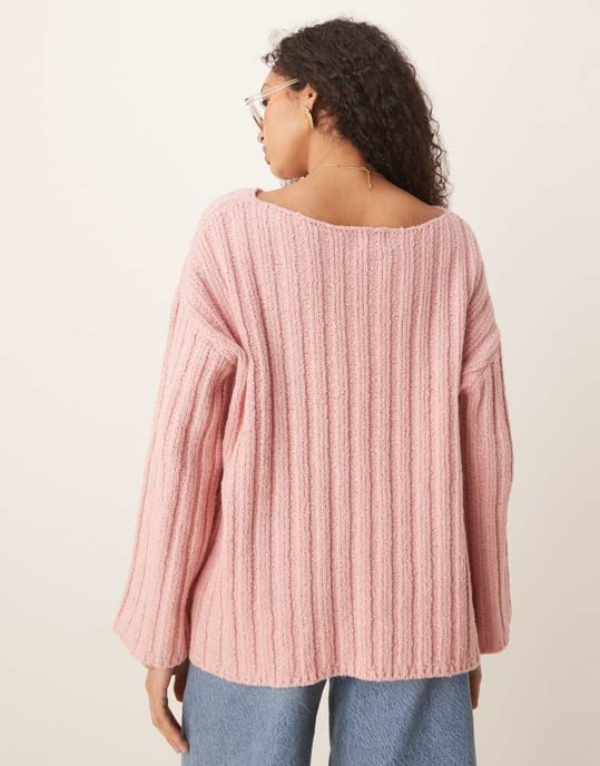 ASOS DESIGN knitted slash neck textured rib jumper in pink - Image 3