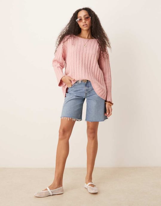ASOS DESIGN knitted slash neck textured rib jumper in pink - Image 4