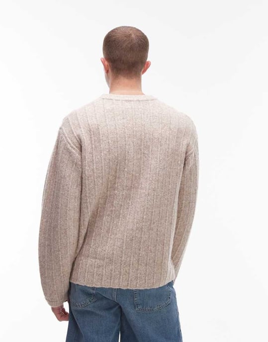 Topman crew neck jumper in oat rib - Image 3