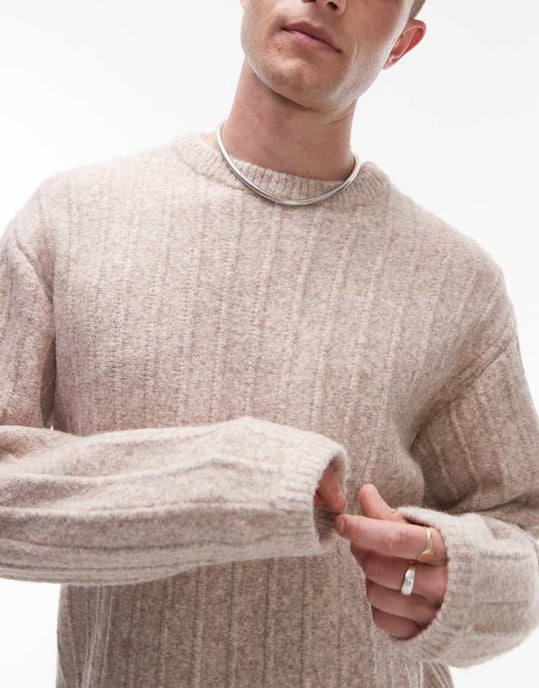 Topman crew neck jumper in oat rib - Image 4