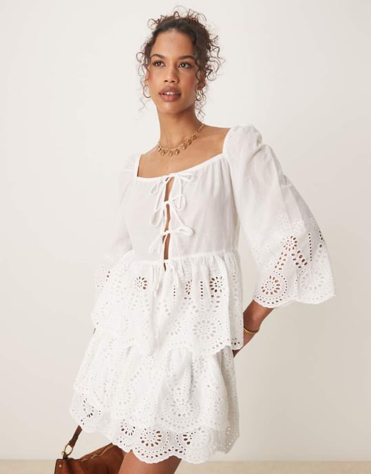 Glamorous boho lightweight broderie cutwork tie front blouse in white co-ord - Image 1