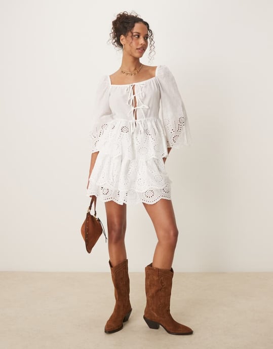 Glamorous boho lightweight broderie cutwork tie front blouse in white co-ord - Image 2