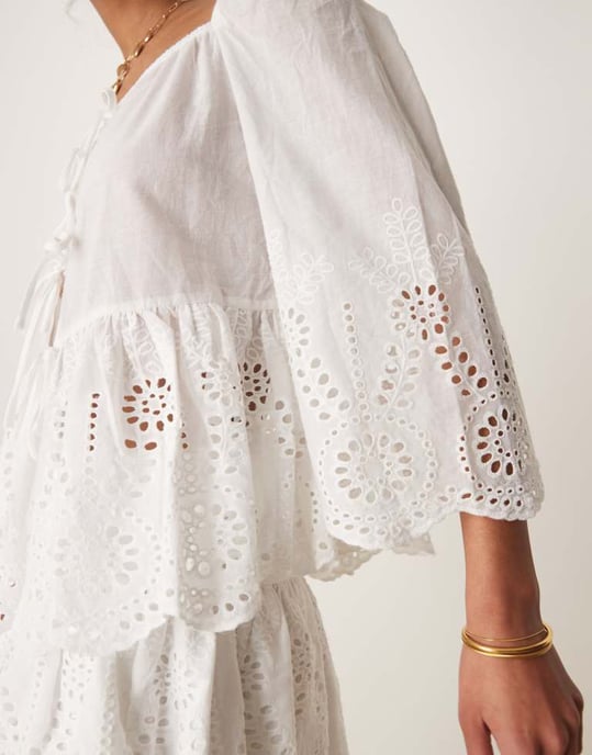 Glamorous boho lightweight broderie cutwork tie front blouse in white co-ord - Image 3