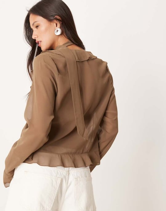Motel hirap ruffle front sheer blouse in mocha - Image 3
