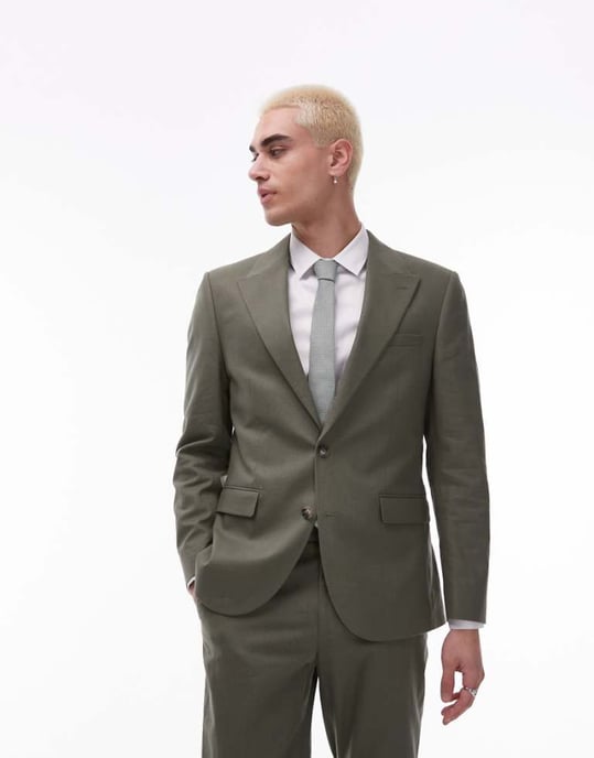 Topman single breasted linen blend blazer in khaki - Image 1