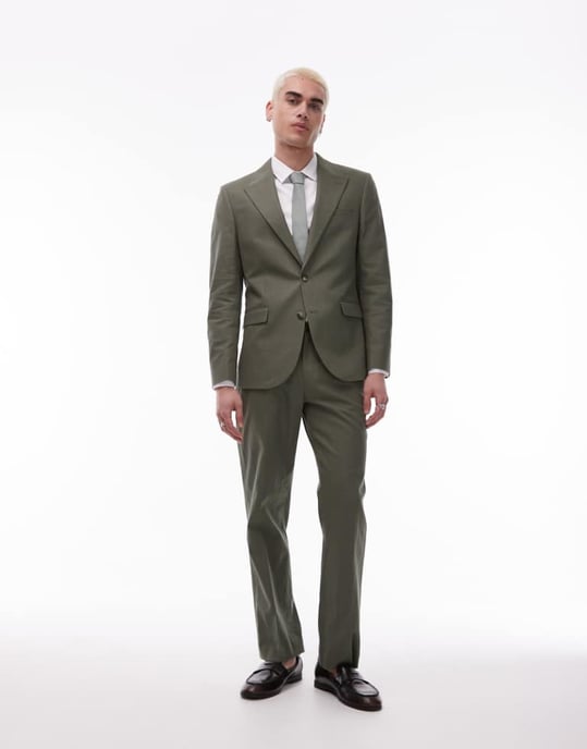 Topman single breasted linen blend blazer in khaki - Image 2