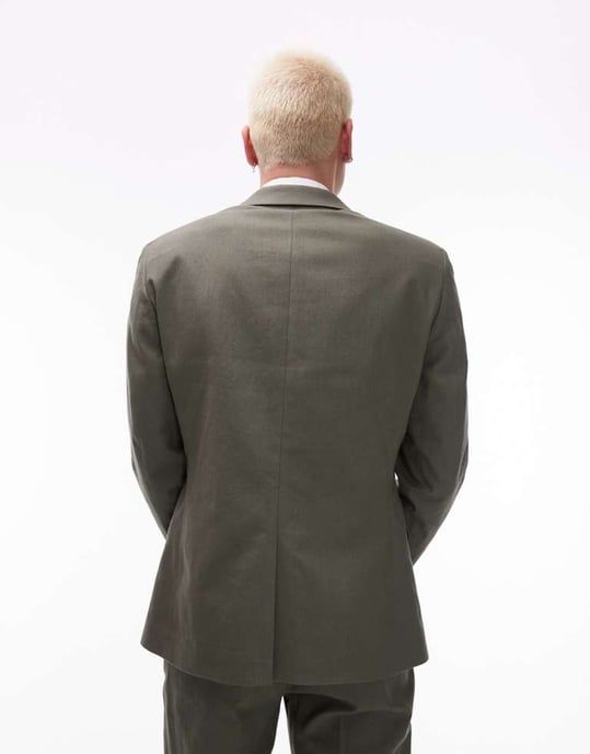 Topman single breasted linen blend blazer in khaki - Image 4