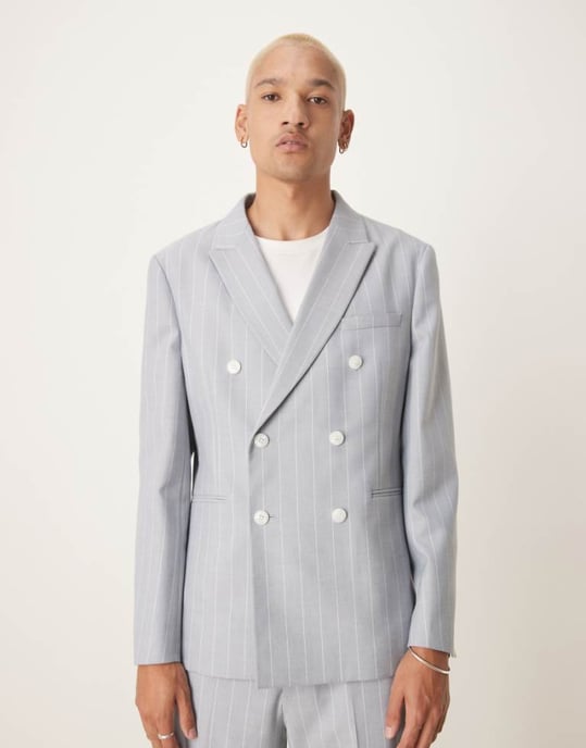ASOS DESIGN slim suit jacket with linen in blue pinstripe - Image 1
