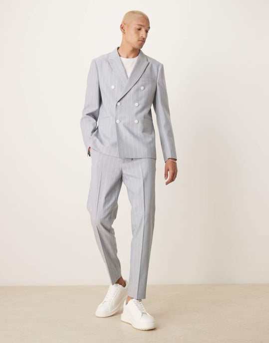 ASOS DESIGN slim suit jacket with linen in blue pinstripe - Image 2