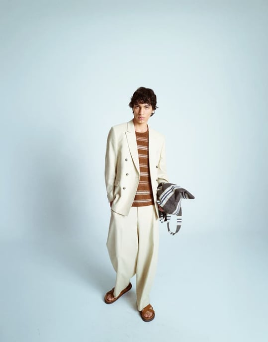 Topman double breasted linen blend blazer in stone - Image 1