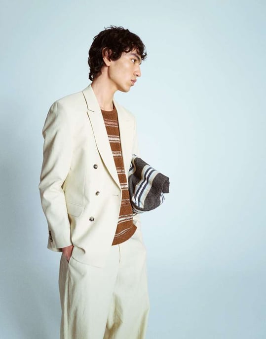 Topman double breasted linen blend blazer in stone - Image 2