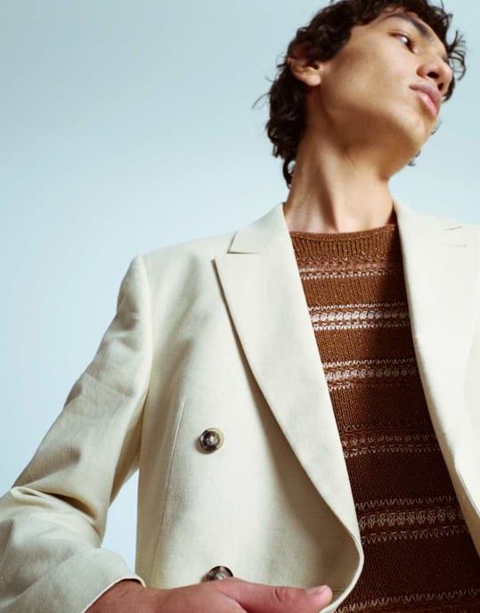 Topman double breasted linen blend blazer in stone - Image 3