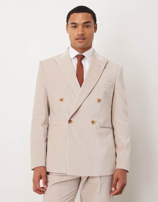 ASOS DESIGN slim double breasted suit jacket in stone lightweight cotton velvet - STONE - Image 1