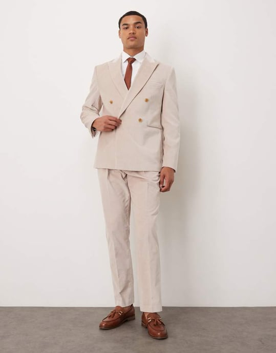 ASOS DESIGN slim double breasted suit jacket in stone lightweight cotton velvet - STONE - Image 2