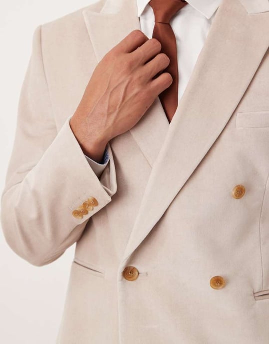 ASOS DESIGN slim double breasted suit jacket in stone lightweight cotton velvet - STONE - Image 4