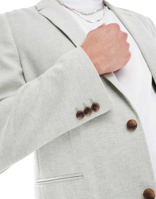 ASOS DESIGN slim suit jacket with linen in light green herringbone - Image 2