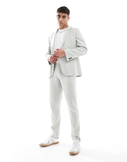 ASOS DESIGN slim suit jacket with linen in light green herringbone - Image 4
