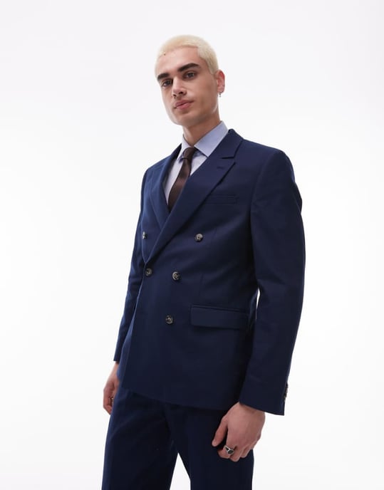 Topman double breasted linen blend blazer in navy - Image 1
