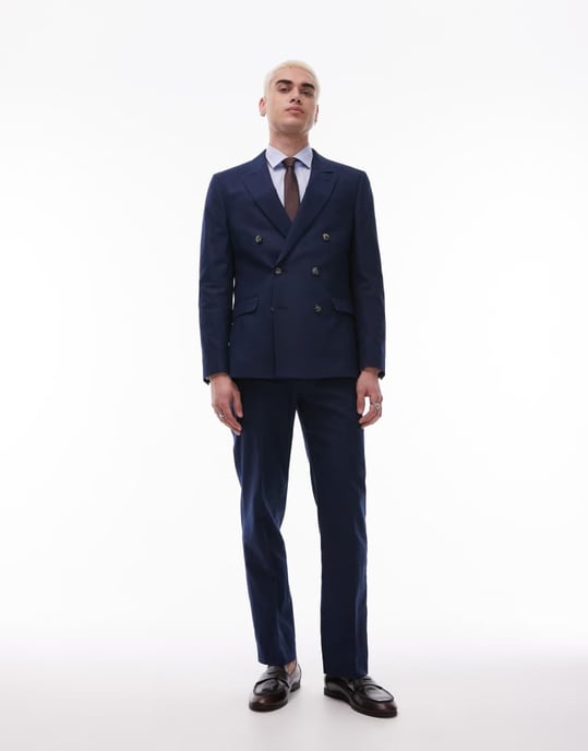 Topman double breasted linen blend blazer in navy - Image 2