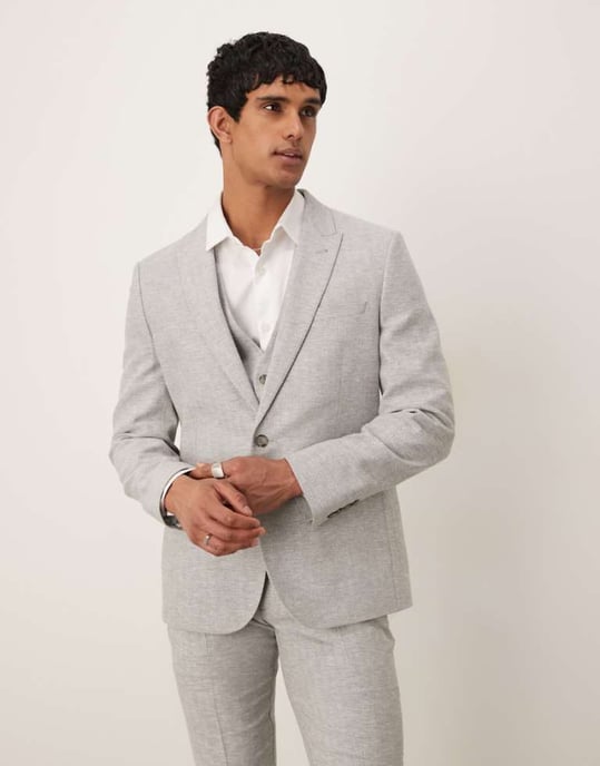 ASOS DESIGN linen cotton blend slim suit jacket in grey herringbone - Image 1