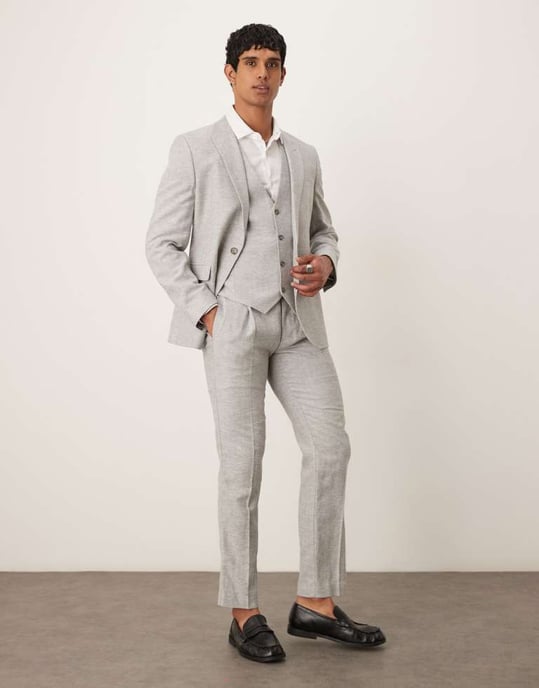 ASOS DESIGN linen cotton blend slim suit jacket in grey herringbone - Image 2