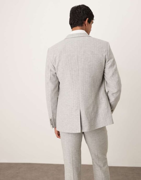 ASOS DESIGN linen cotton blend slim suit jacket in grey herringbone - Image 4