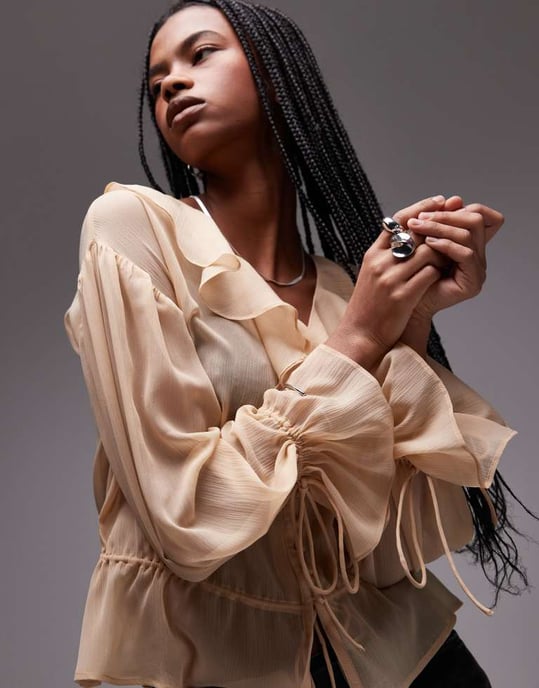 Topshop genomskinlig volang knytblus i beige - Image 3