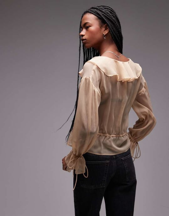 Topshop genomskinlig volang knytblus i beige - Image 4